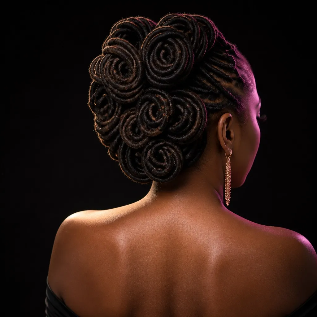 Sculptural loc updo with barrel curls